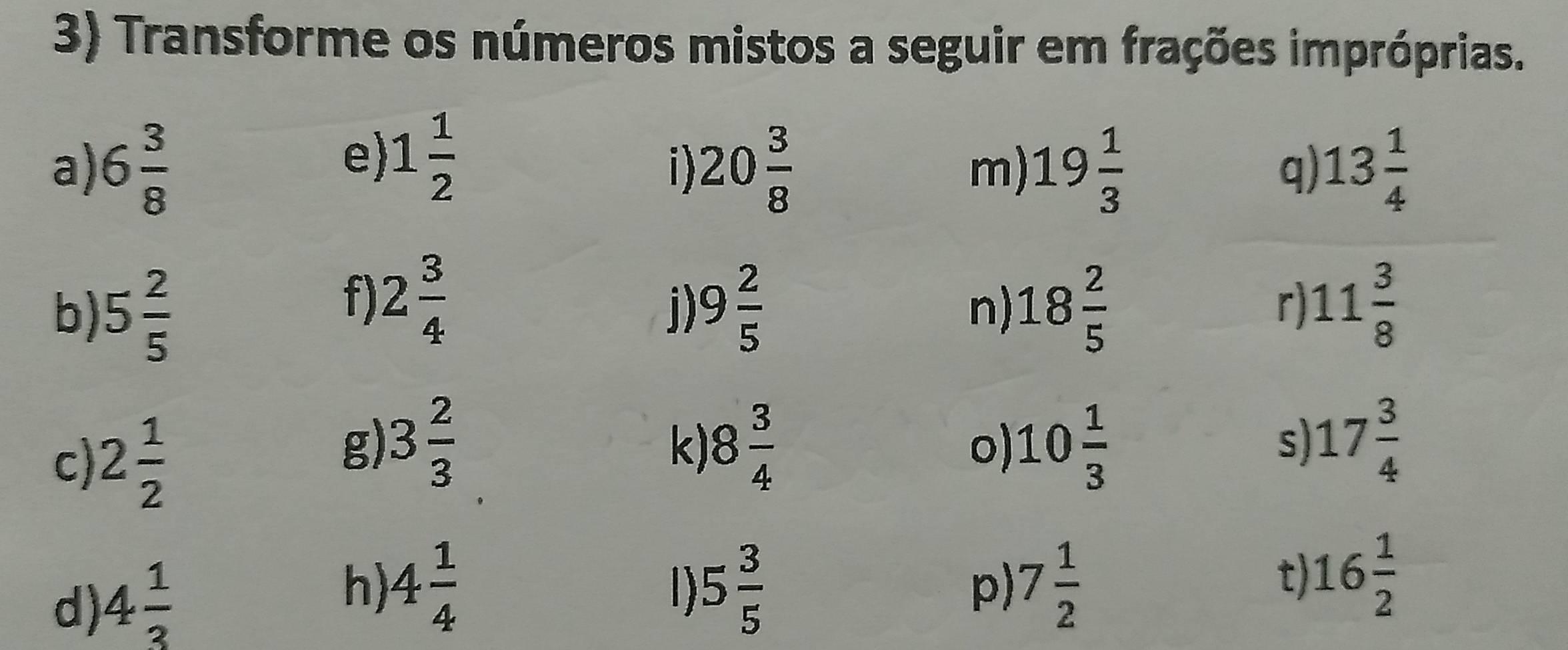 exemplos de números mistos e frações