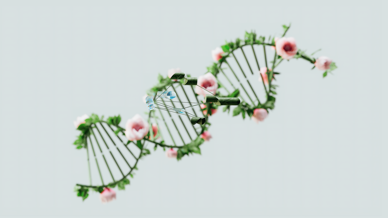 Hélice de ADN conceptual adornada com flores e folhas, representando a união entre a ciência genética e a evolução natural e espiritual.
