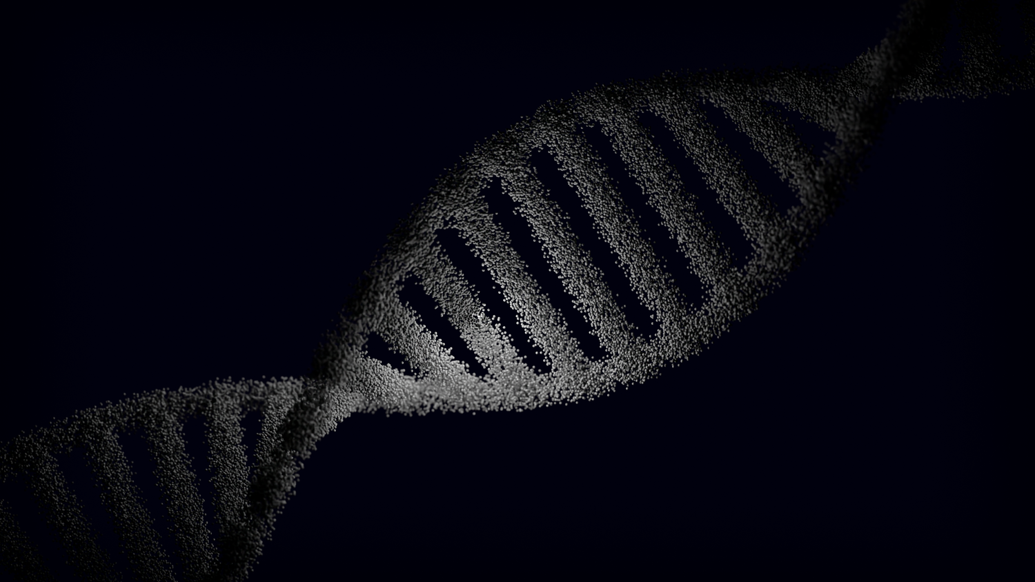 Representación artística de una cadena de ADN con efectos de partículas sobre un fondo oscuro, simbolizando el código genético fundamental.