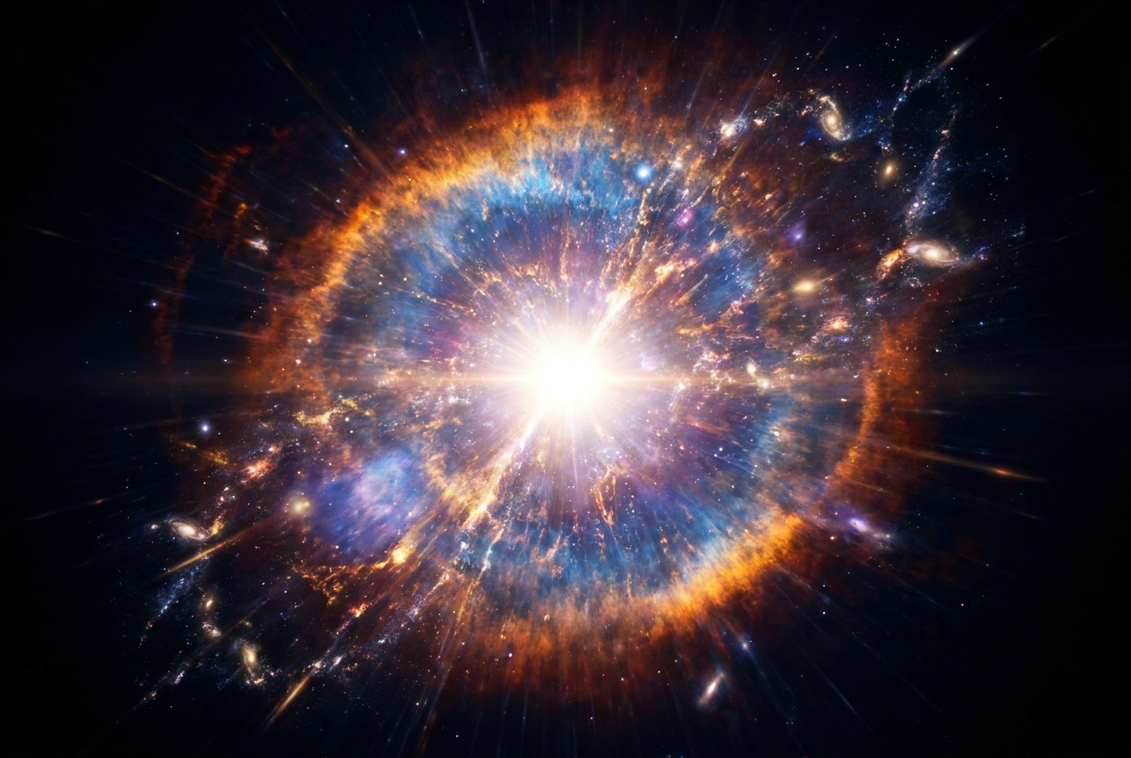 Representación cinematográfica de la singularidad del Big Bang expandiéndose violentamente en una explosión de luz y energía.