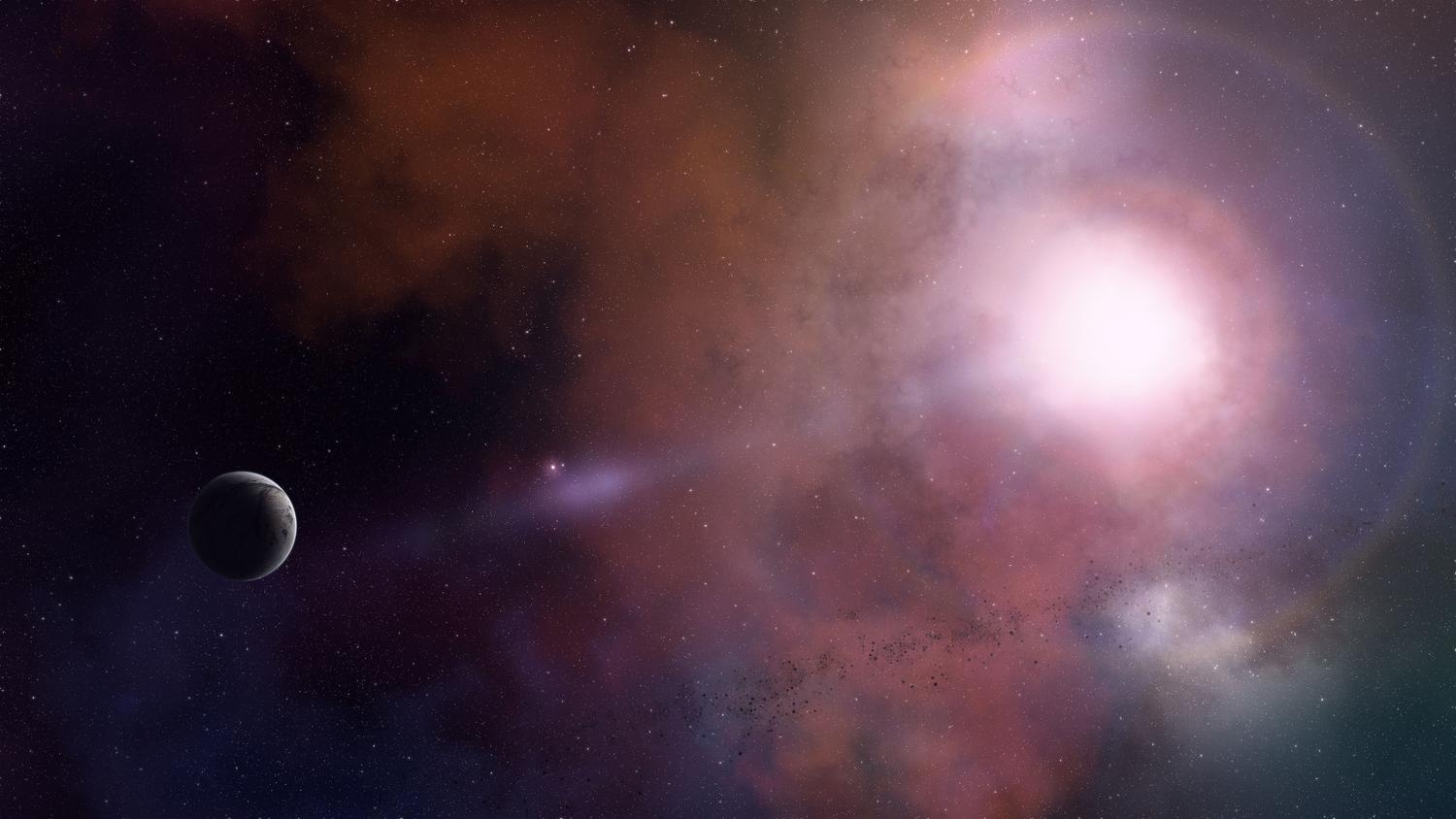 Planeta solitario frente a una nebulosa luminosa, representando la culminación de la evolución cósmica.