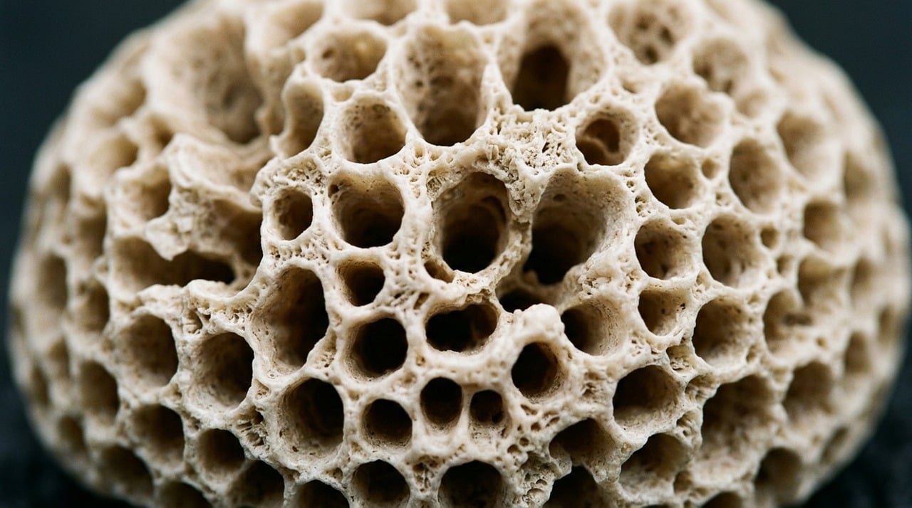 Vista macro conceptual de la estructura interna de un hueso con osteoporosis, mostrando su porosidad y fragilidad.