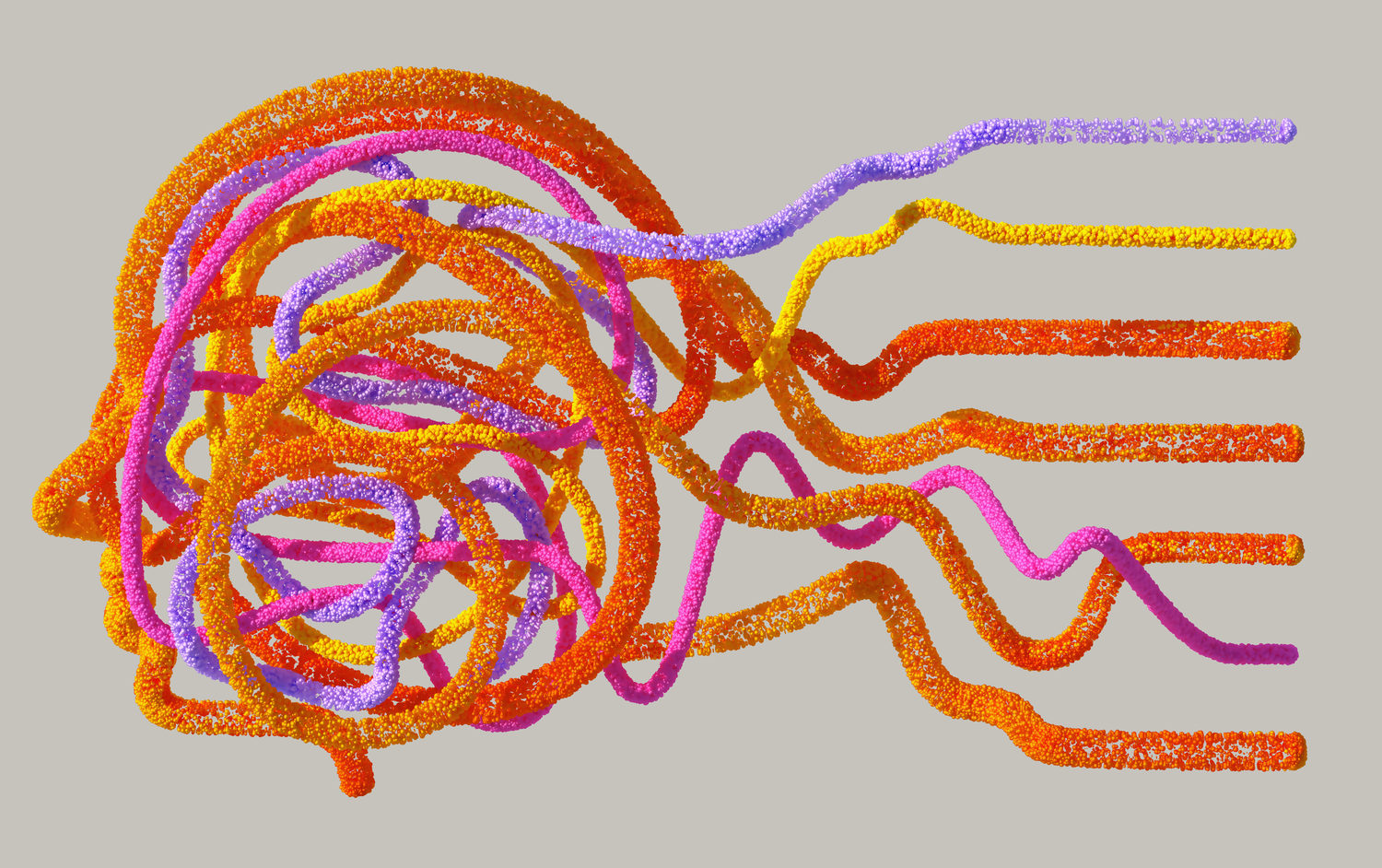 Representación en 3D de redes neuronales complejas que ilustran la conectividad cognitiva y la flexibilidad mental de los emprendedores.