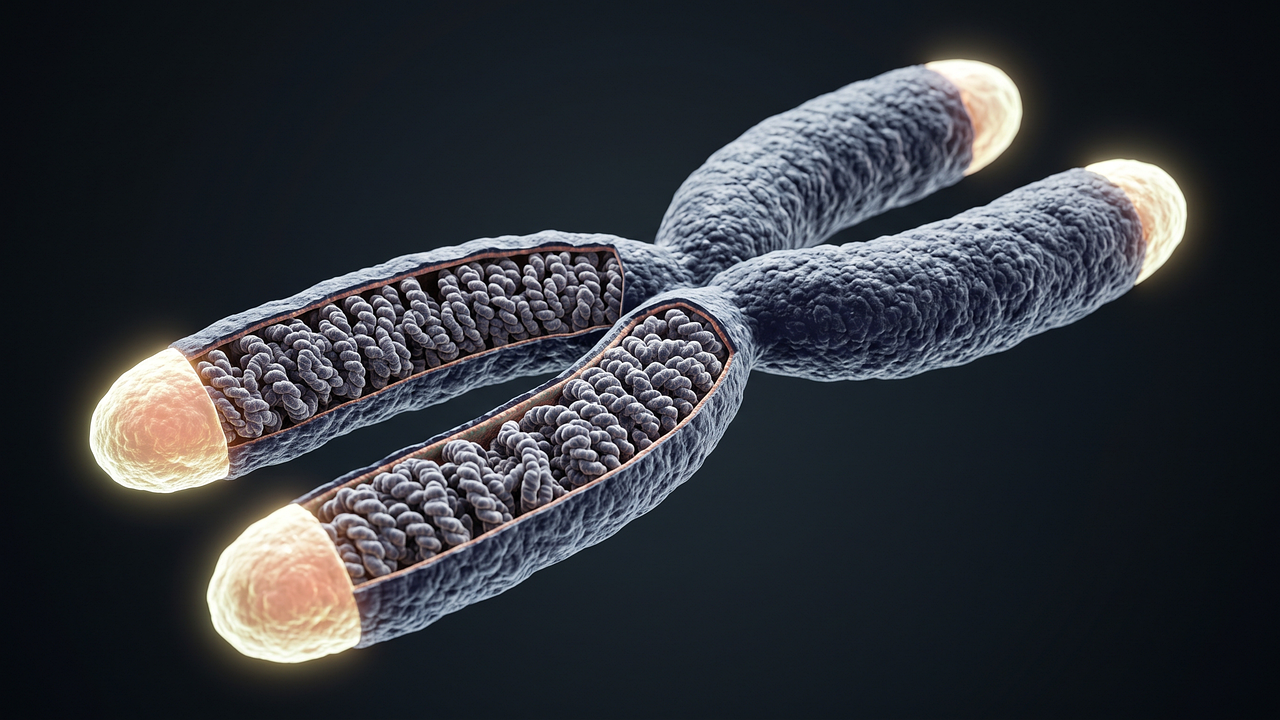 Ilustración 3D de un cromosoma y ADN, simbolizando la mutación genética del gen ATP7A.