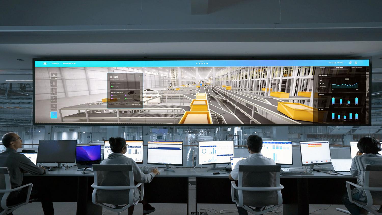 Sala de control industrial moderna con pantallas digitales para la toma de decisiones inteligentes basadas en evidencias. Sala de control industrial moderna con pantallas digitales para la toma de decisiones inteligentes basadas en evidencias.