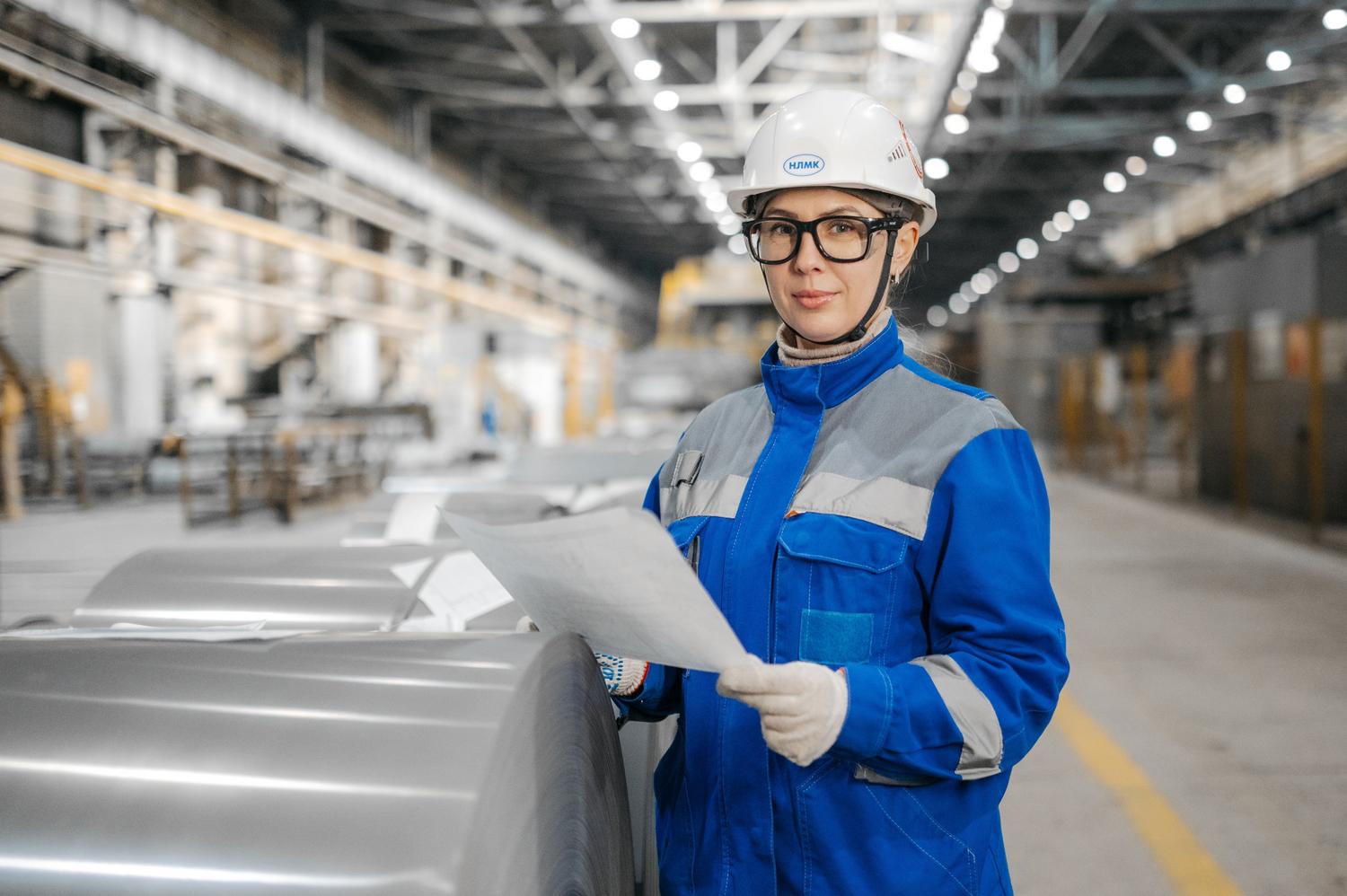 Ingeniera supervisando maquinaria industrial, representando la integración de la estadística en la gestión de procesos para optimizar la producción.