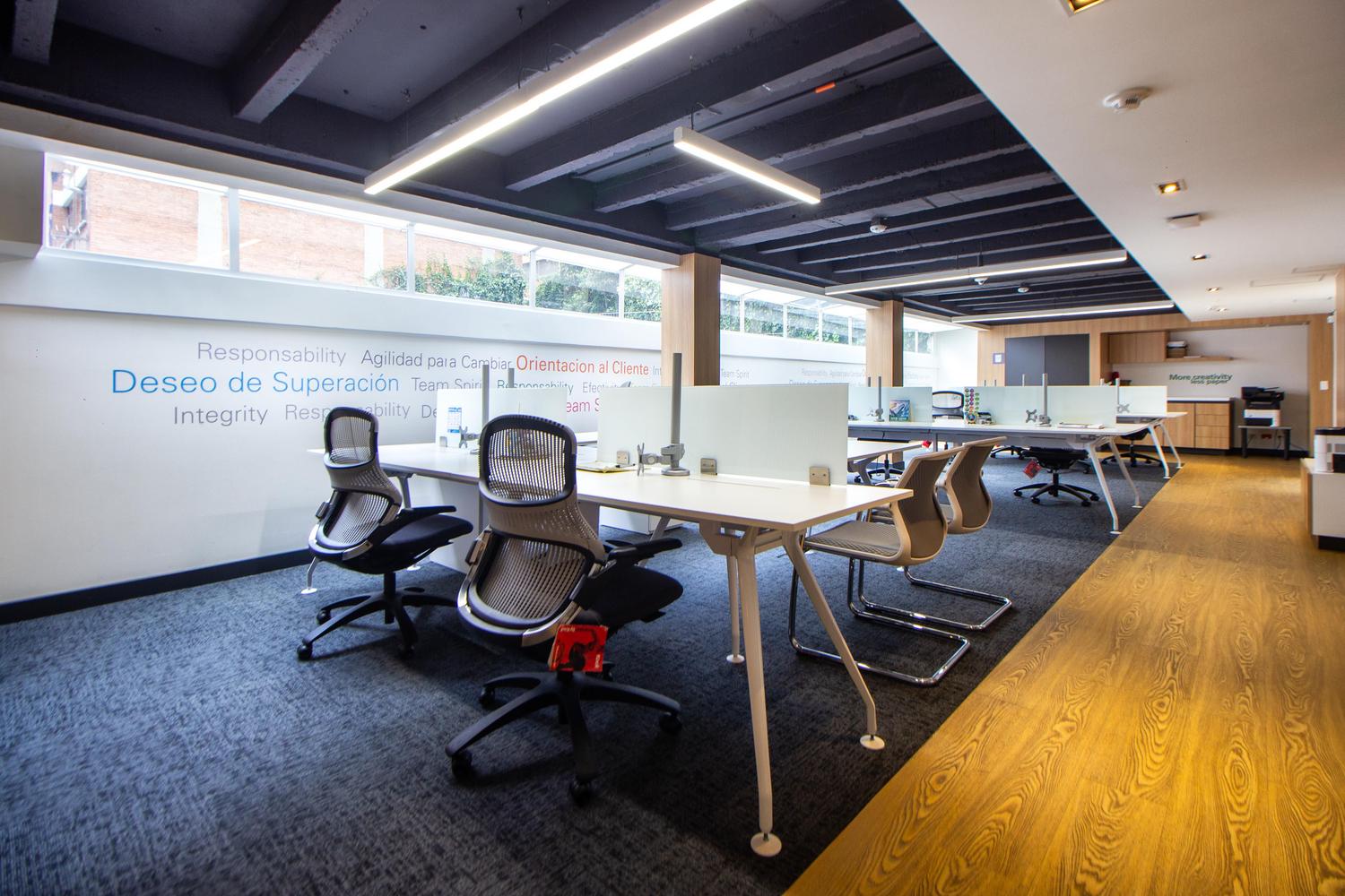 Espacio de oficina moderno y luminoso con sillas ergonómicas para evitar trastornos musculoesqueléticos.