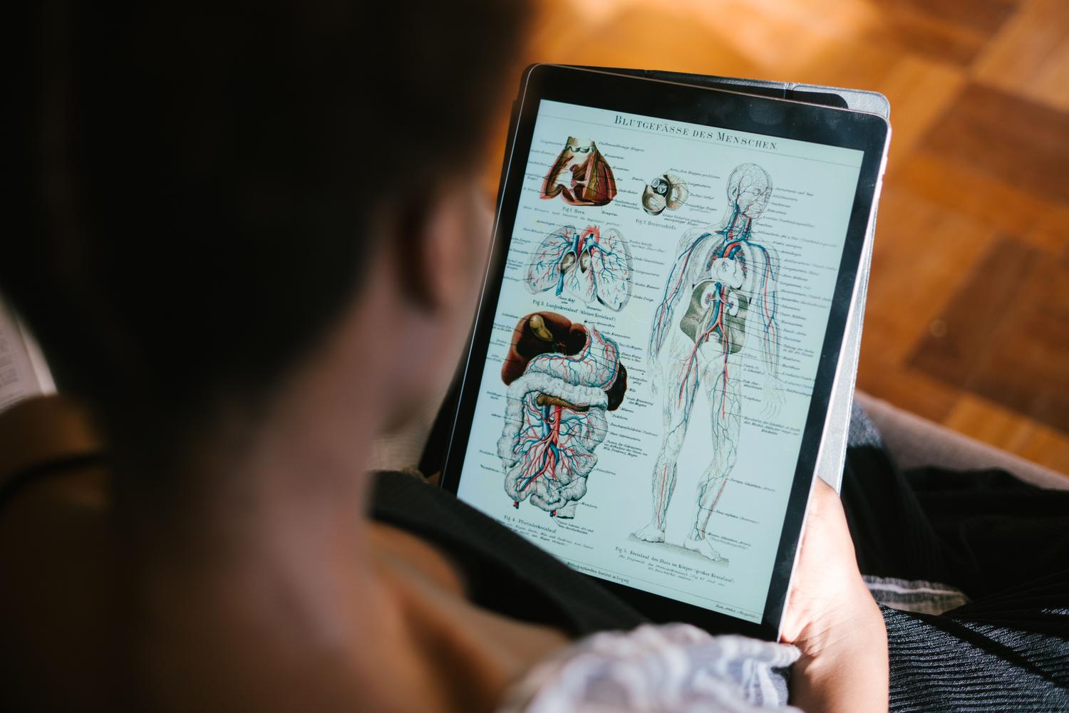 Estudiante de medicina analizando diagramas de anatomía en una tablet, representando el uso de atlas digitales de embriología.
