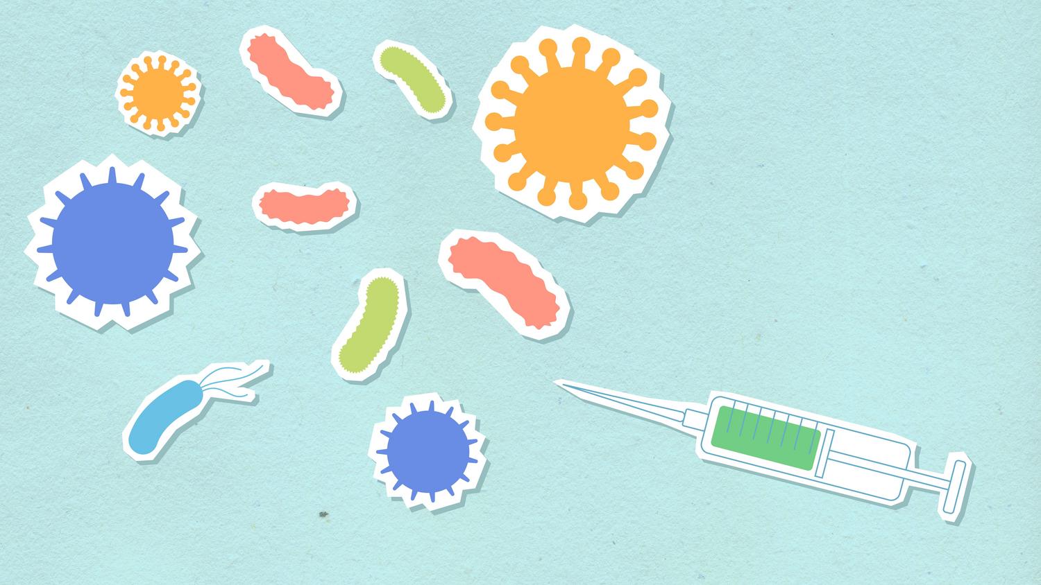 Ilustração en papel de una jeringuilla y diversos virus, simbolizando la vacunación y la creación de memoria inmunológica en la inmunidad adaptativa.