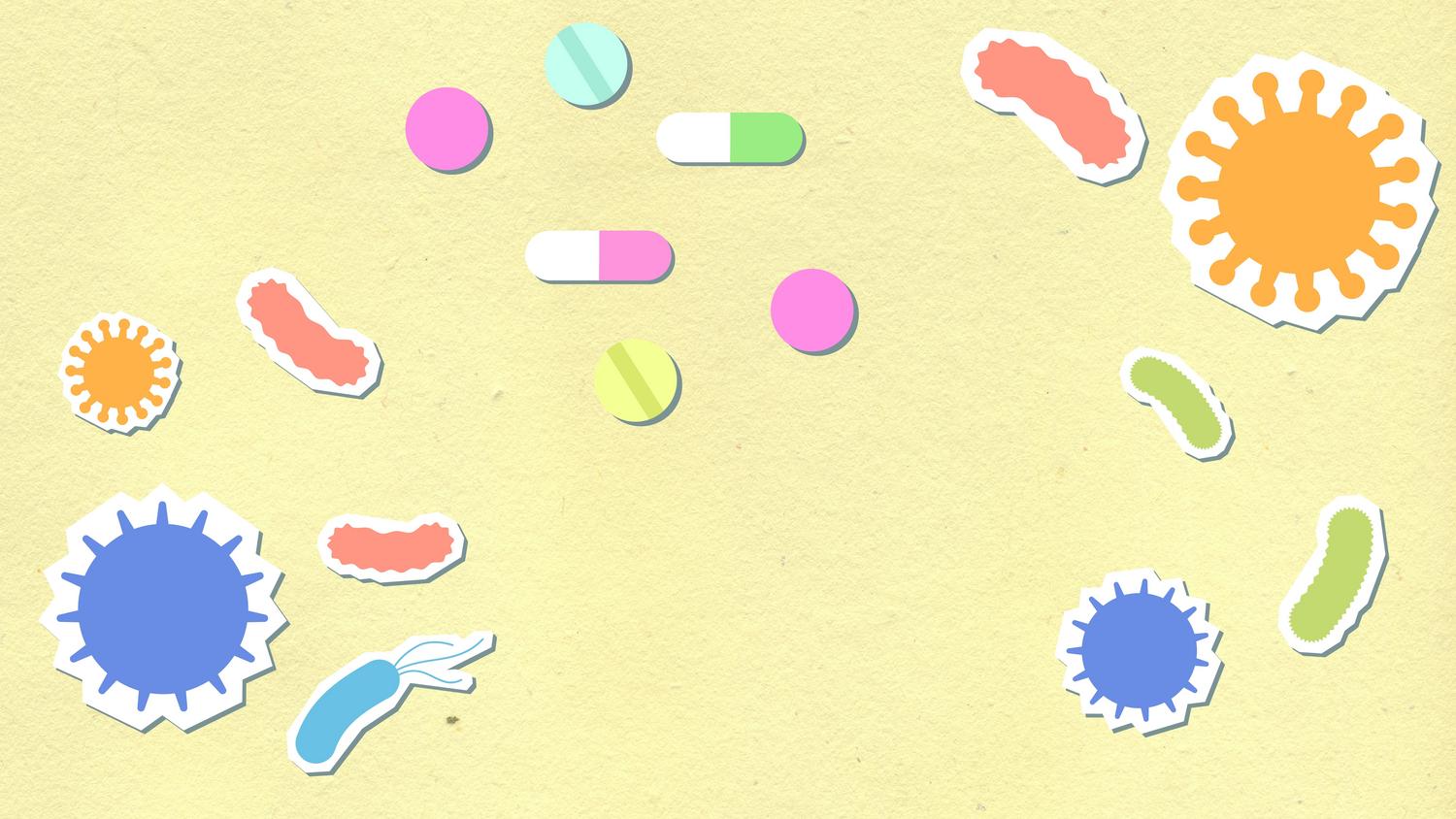 Composición de recortes de papel con virus coloridos, píldoras y cápsulas, representando el tratamiento médico y la lucha contra las enfermedades.