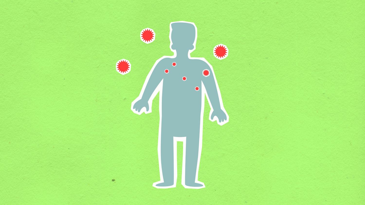 Ilustración conceptual en papel recortado de una silueta humana rodeada de virus rojos, representando el sistema inmunológico enfrentando amenazas externas.
