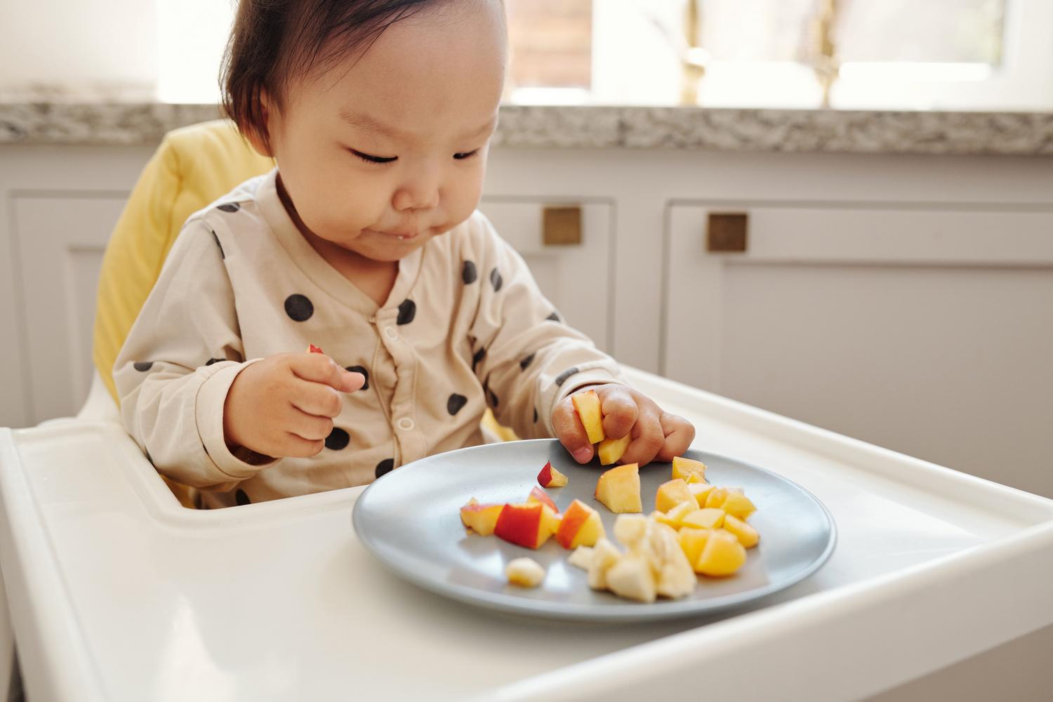 Bebé en trona disfrutando de una comida de frutas frescas, ilustrando la etapa de introducción alimentaria complementaria.