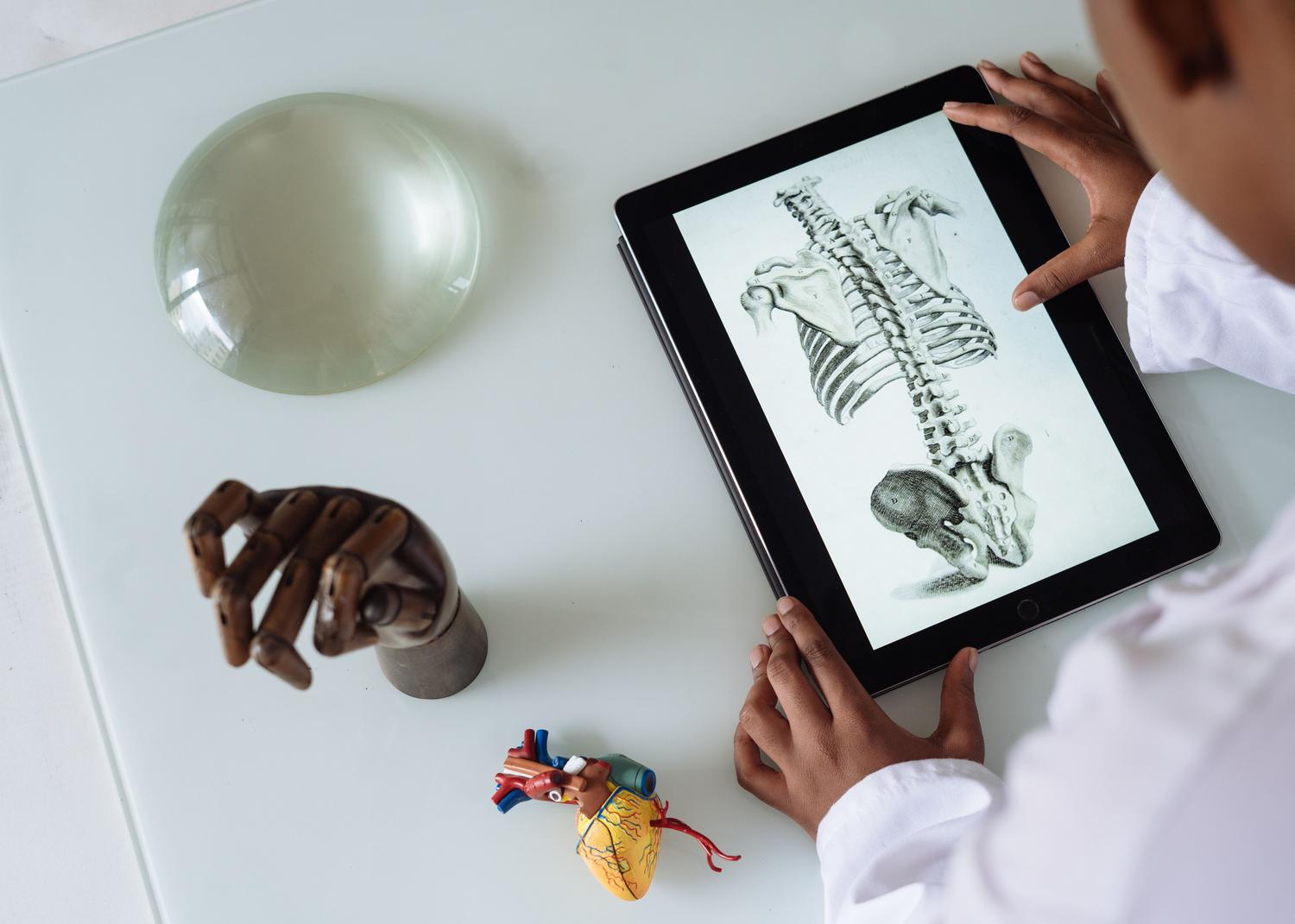 Estudiante de medicina utilizando una tablet con modelos anatómicos 3D, ilustrando la modernización de la educación sanitaria mediante el e-learning.