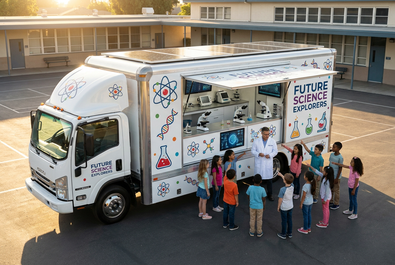 Un laboratorio móvil de ciencia moderno y futurista estacionado en el patio de una escuela, con paneles solares y niños interactuando con un científico.