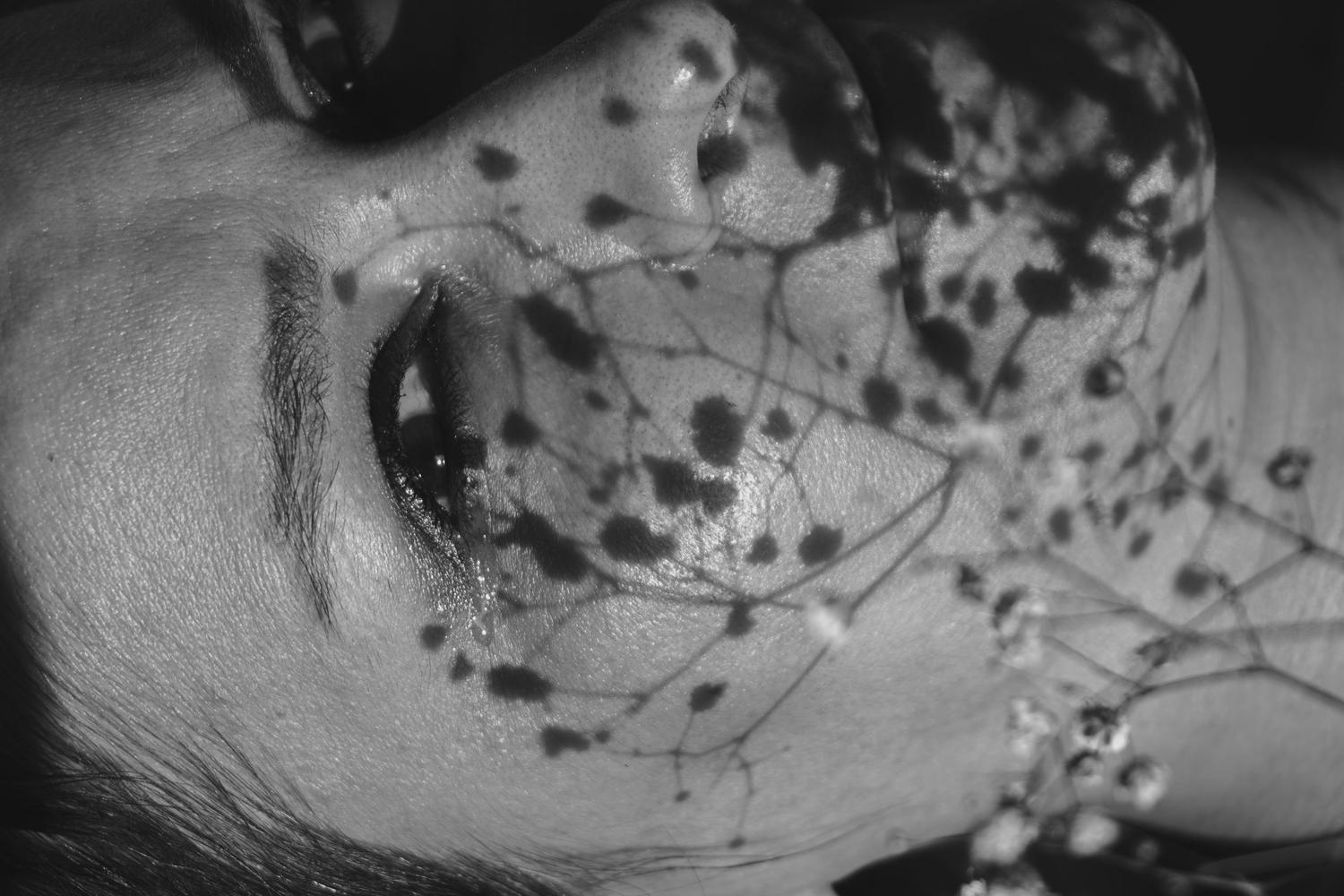 Retrato artístico en blanco y negro de una mujer con sombras de flores proyectadas sobre su rostro, representando la introspección y la sanación emocional.