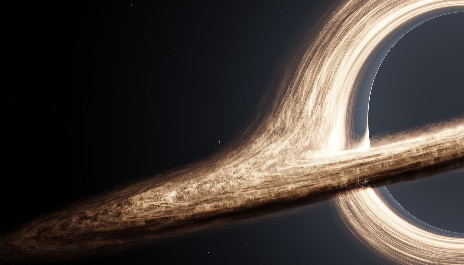 Renderizado CGI de un agujero negro que muestra la curvatura del espacio-tiempo y la lente gravitacional del disco de acreción.