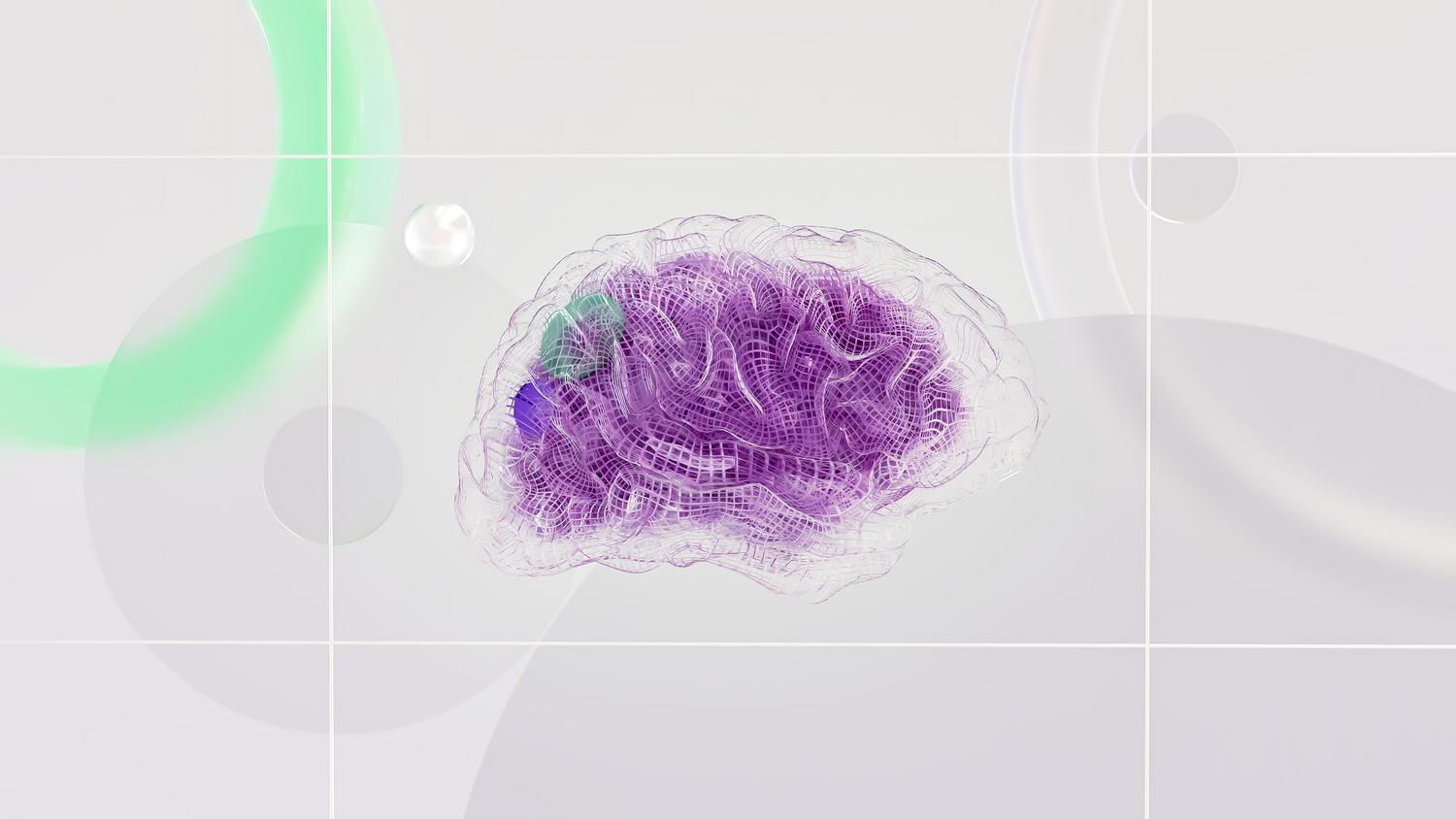 Neurociencia y plasticidad cerebral Representación abstracta y tecnológica de una red neuronal en el cerebro con tonos violetas, ilustrando la neurociencia y la plasticidad cerebral inducida por psicodélicos.
