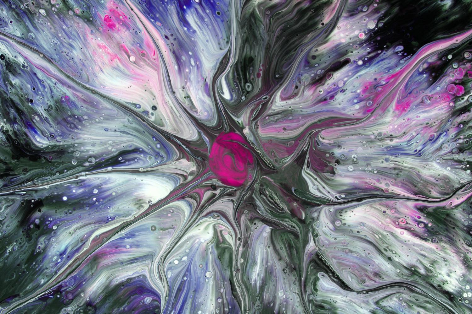 Arte fluido abstracto con colores vibrantes y formas orgánicas que representan la experiencia subjetiva y los estados alterados de conciencia.